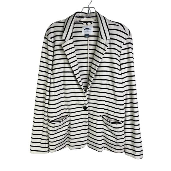 Old Navy Blazer Womens Large Cream/Black Striped Pocket Front Long Sleeve - Picture 1 of 8